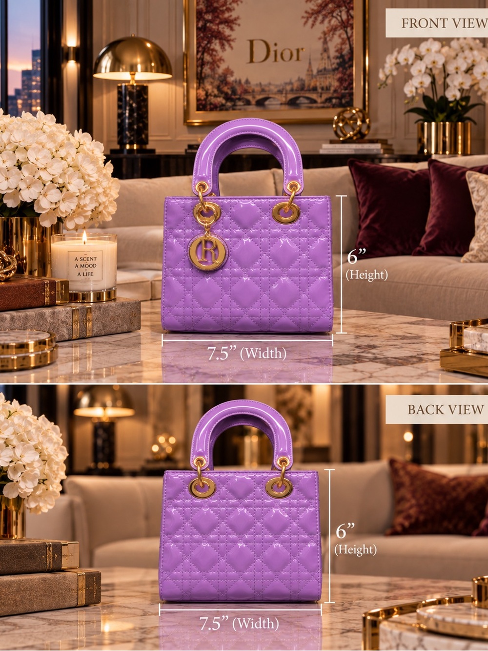 Lavender Quilted Tote with Gold Hardware